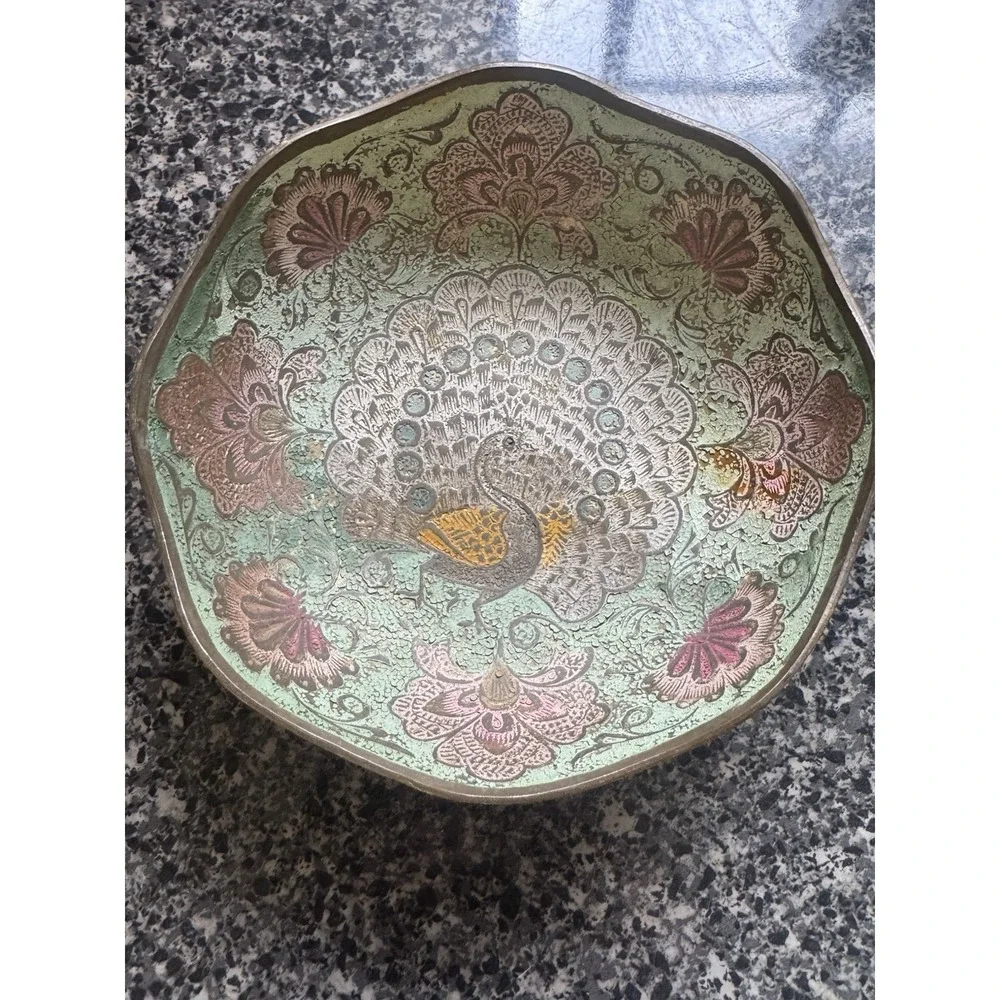 Vintage Solid Brass Enameled Bowl Colorful Peacock Design Made In India‎